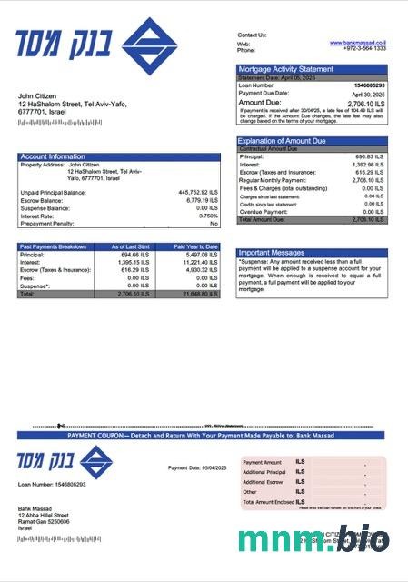 Izrael Bank Massad wyciąg z kredytu hipotecznego szablon Word i PDF